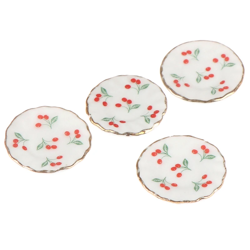 4PCS Kitchen Toys Dollhouse Cherry Trays Plates Doll Durable Mini Food Dishes Tableware Miniature Doll House Accessories