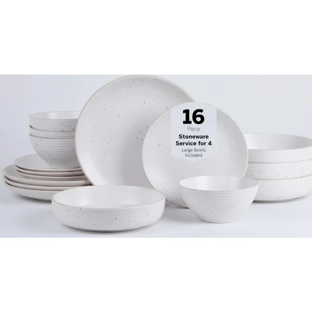 

Rustic Stoneware Dinnerware Set, 16-Piece Service for 4, Speckled Off White Plates & Bowls, Dishwasher & Microwave Safe