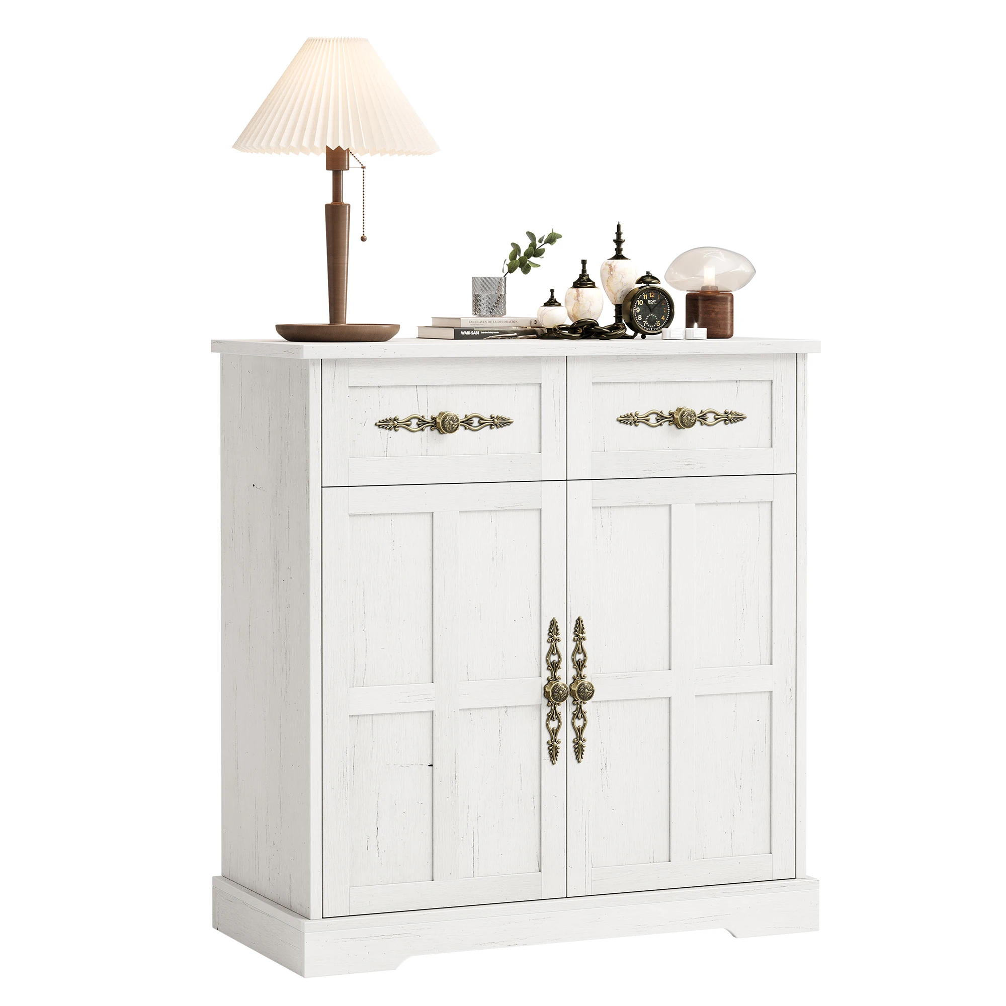 Farmhouse Buffet Sideboard Cabinet – 4 Drawers, 2 Doors, Adjustable Shelves, Gold Handles – Modern Dining Room, Kitchen, Coffee Bar Storage, Compact 33.5 Inch – White/dark/brown