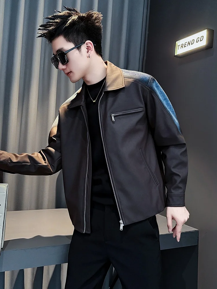 

Повседневная мужская кожаная джинсовая куртка в стиле пэчворк Cool Haome, весенне-осенняя верхняя одежда, длинная застежка-молния