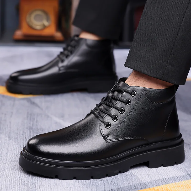 New Designer Winter Cow Warm Cotton Shoes for Men Fashion Casual Black Platform Ankle Boots Male