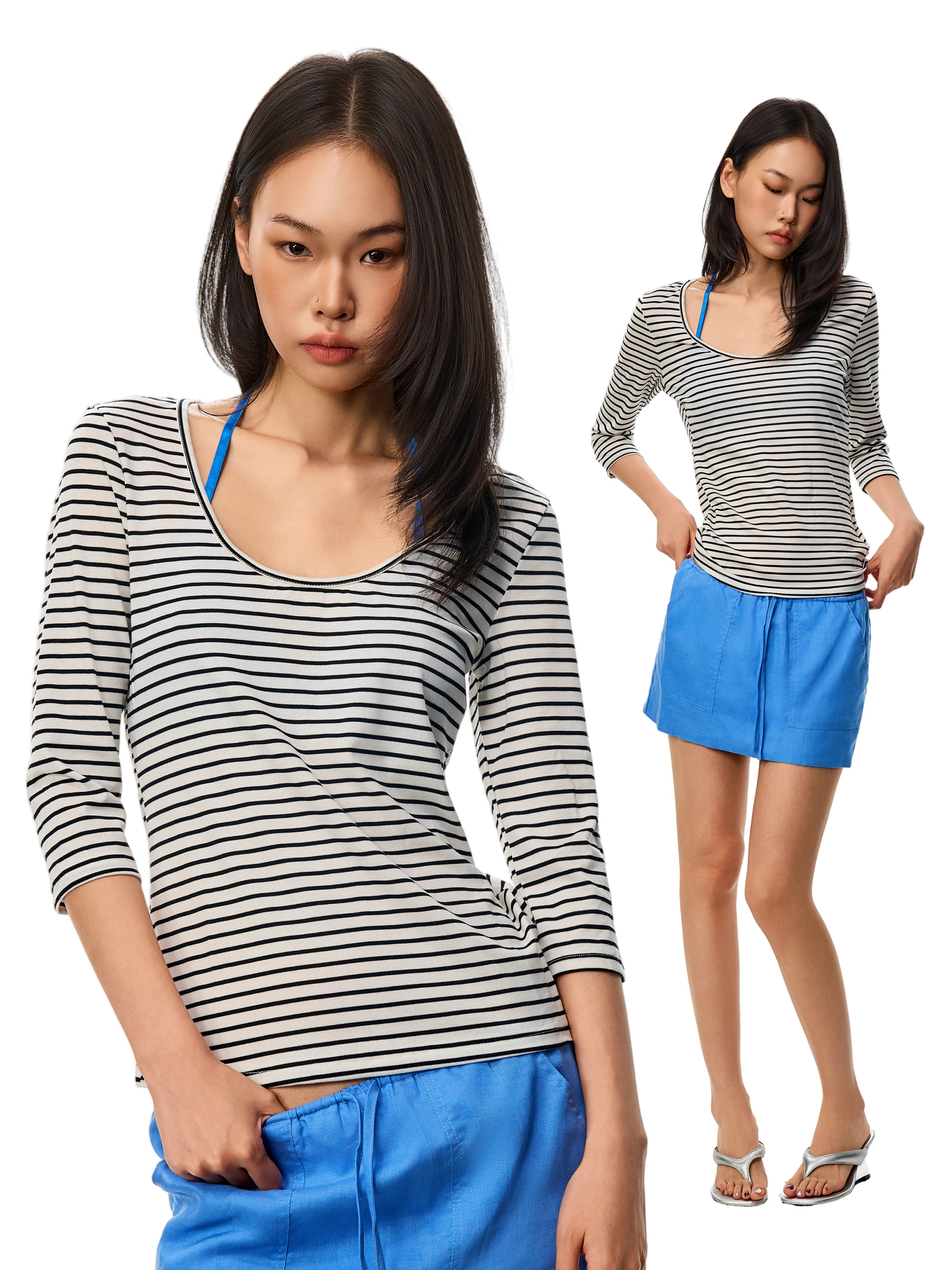 GO GO BURN American Style White Stripe See-through U-neck Seven-quarter Sleeve Women's T-shirt Loose Slimming Top