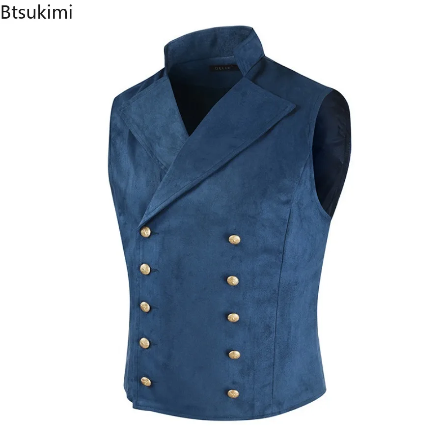 

Vintage Suede Suit Vests Men's Solid Color V-neck Casual Waistcoat Fashion Double Breasted Slim Tops Wedding Business Dress Vest