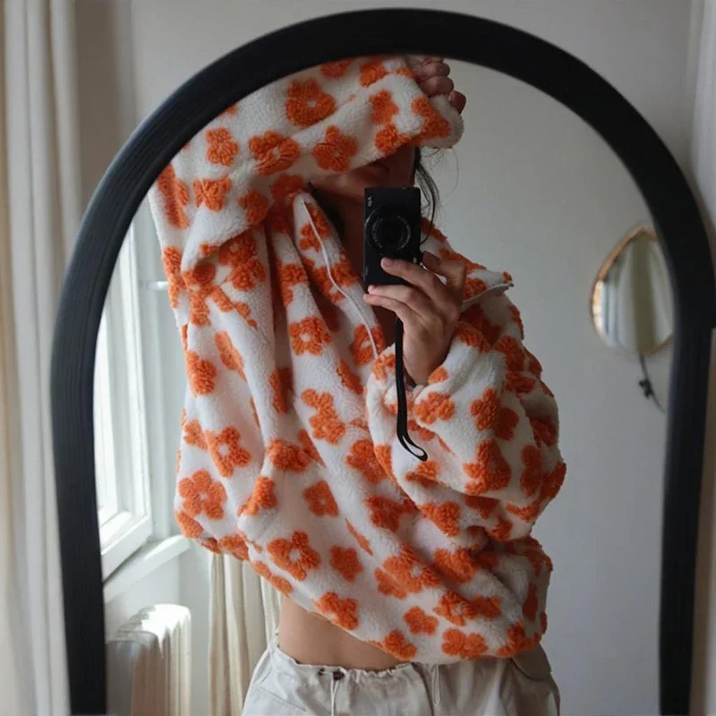 Fleece Flower Sweatshirt For Women 2025 Autumn Winter New Fashion Hoodies Warm Fur Top Zipper Pullovers Casual Outwear