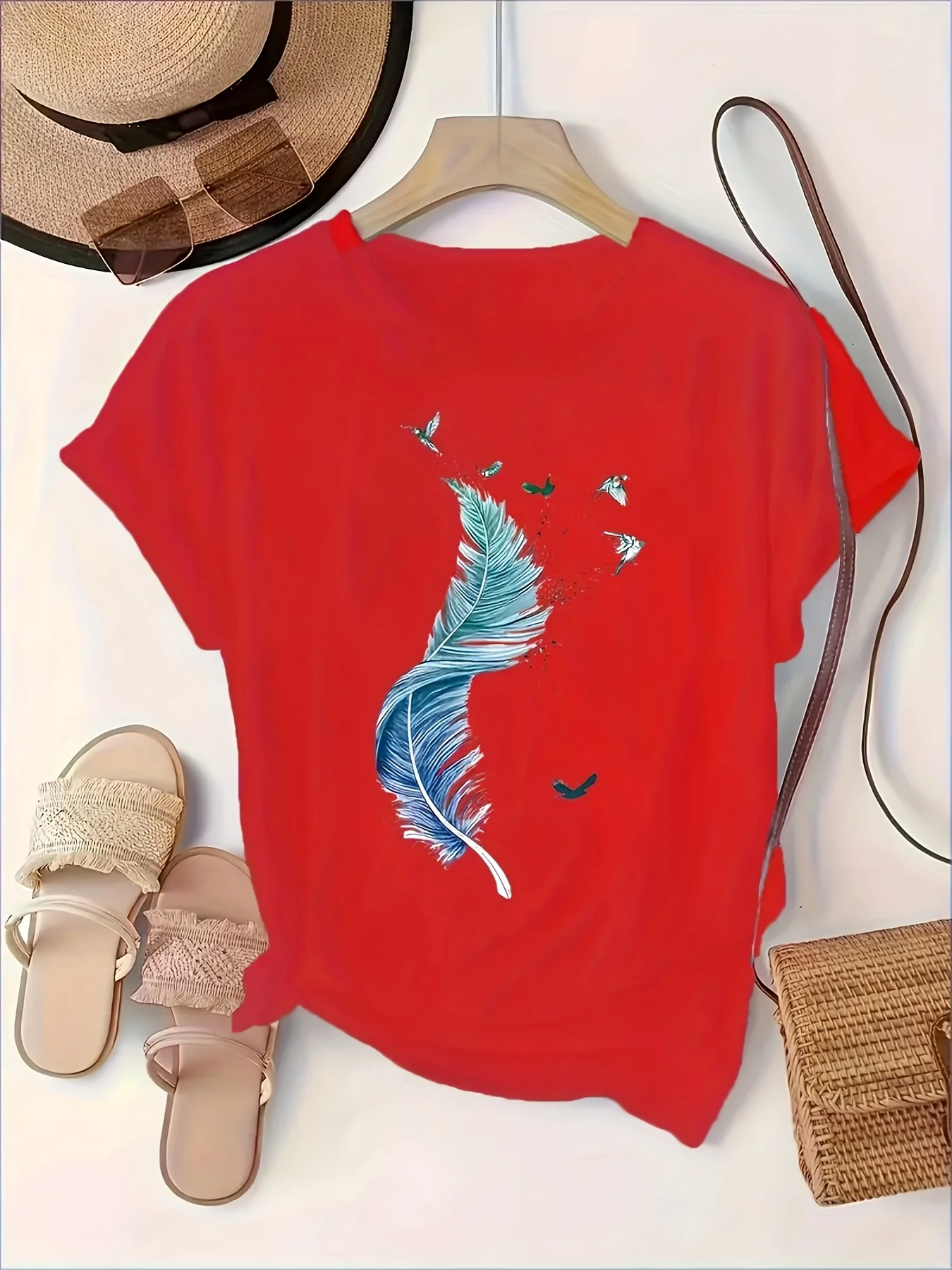 Boho Chic Feather & Bird Graphic Tee Women’s Short Sleeve Summer Top White Crew Neck T-Shirt with Blue Feather Painting