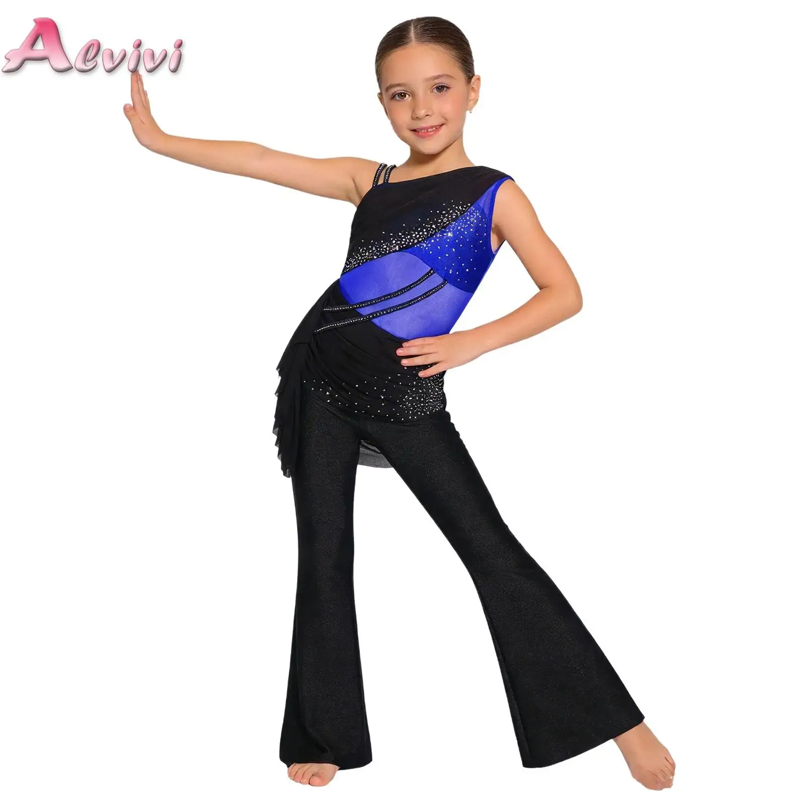 

Kids Girls Color Block Ballet Dance Jumpsuit Mesh Ruched Overlay Asymmetrical Bell-Bottom Bodysuit Lyrical Performance Dancewear