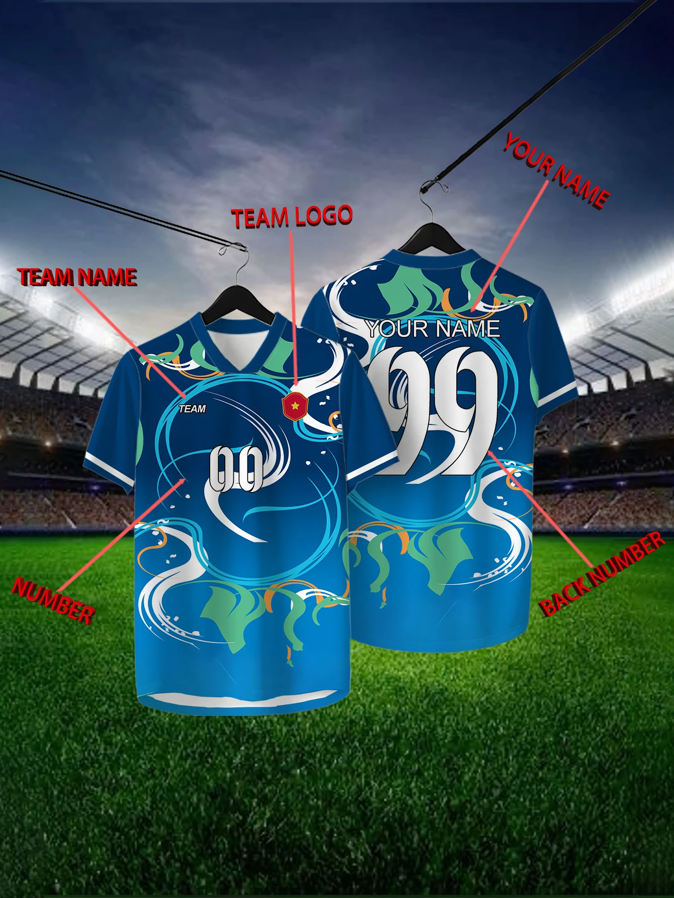 

Customized Geometric Blue Short Sleeved Shirt with Team Name, Emblem, Name and Number, Outdoor Sports Short Sleeved T-shirt