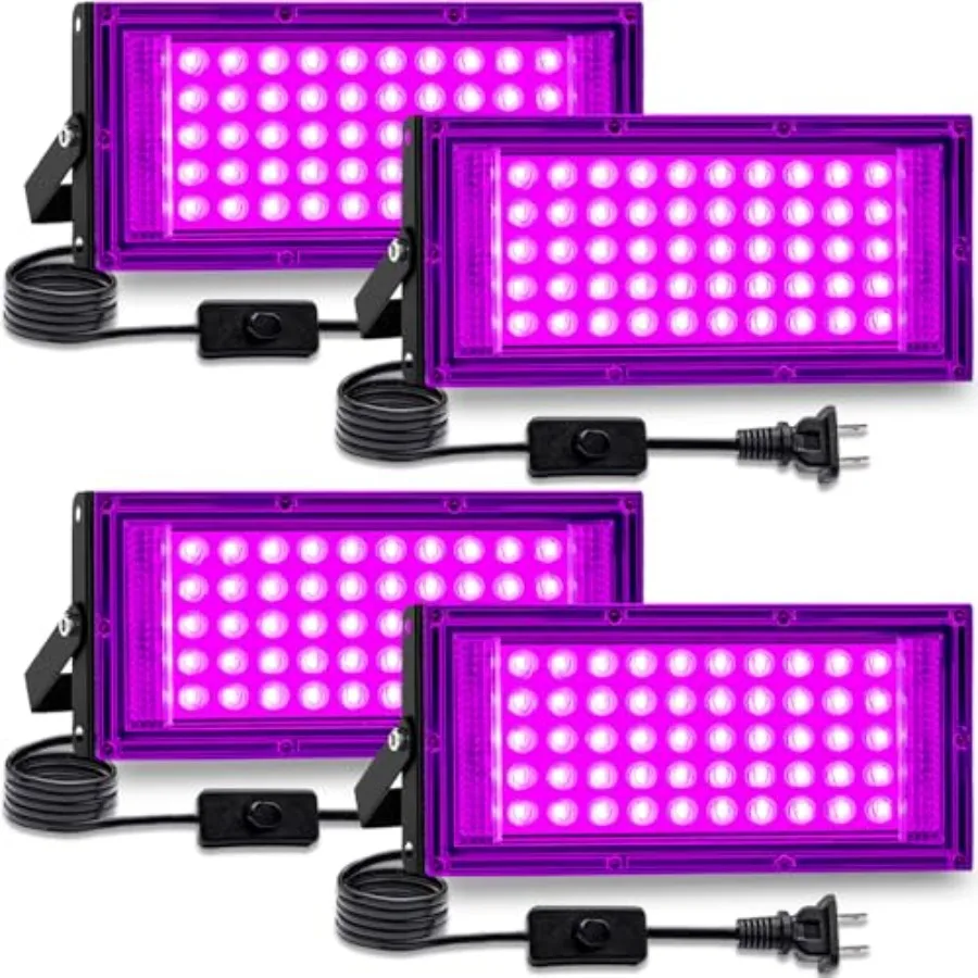 

50W 4Pack Black Light for Glow Party, IP65 Waterproof, 385-400nm Wavelength, with Plug and Switch, for Halloween Decorations, B