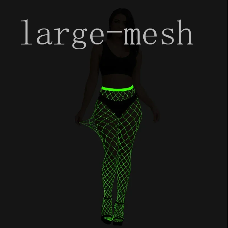 Meia-calça arrastão feminina plus que brilha no escuro, meia-calça arrastão com brilho neon reativo uv, roupa rave, meias para festival de música