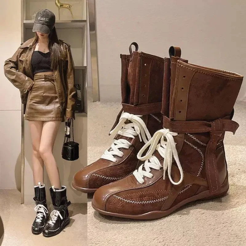 

2025 New Autumn British Retro Style Platform Combat Boots for Women Chunky Sole Trainer Ankle Boots Fashion Mid Calf Shoes