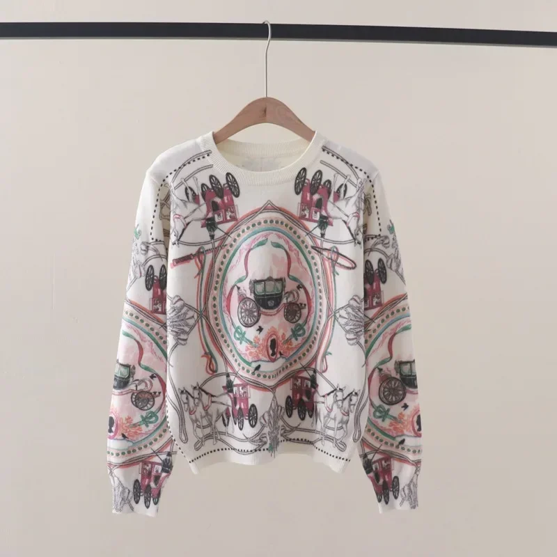 

Colorful Carriage Print Women's Sweater Women Luxury brand sweater Pullovers Y2k Tops Horse Long Sleeve Knit Jumper Winter fall