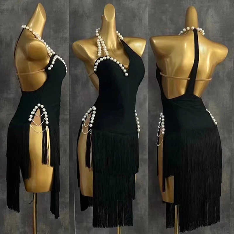 

2026 High End Latin Dance Dress Women Pearl Fringe Dress Cha Cha Rumba Samba Dance Competition Dress Performance Clothes NV22480