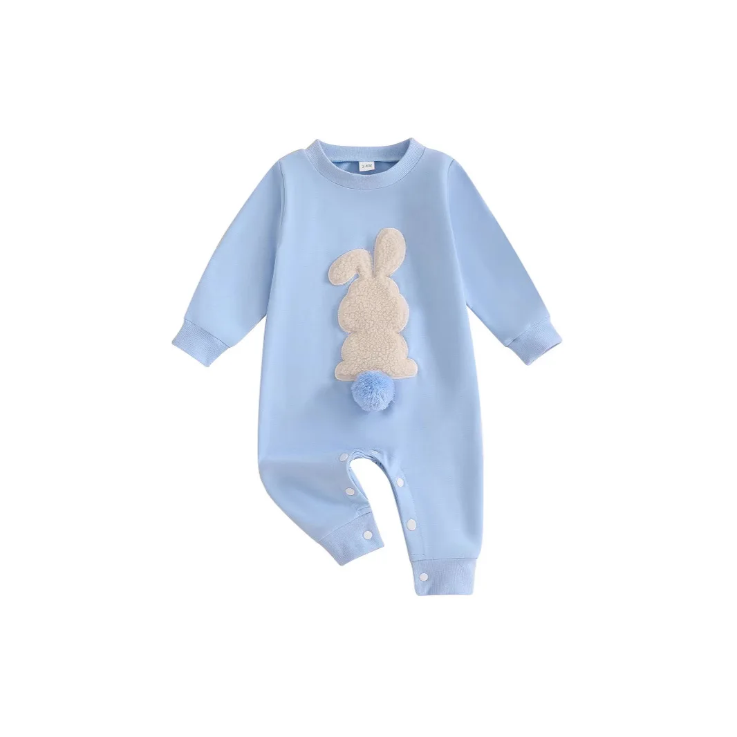 ZOETOPKID Easter Infant Baby Girls Boys Rompers Plush Bunny Embroidery Long Sleeve Jumpsuit Winter Autumn Clothes