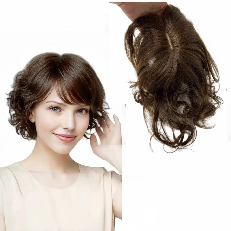 ท็อปเปอร์ผมมนุษย์หยักสำหรับผู้หญิง 25 ซม. คลิปในชิ้นผมหยิกต่อเพิ่มปริมาณผมสีน้ำตาลอ่อนไม่ใช่-เรมี่