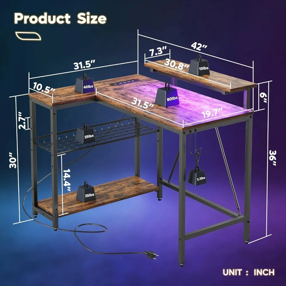 Petit bureau en forme de L avec port de charge et bande LED, bureau d'ordinateur moderne avec étagères de rangement réversibles