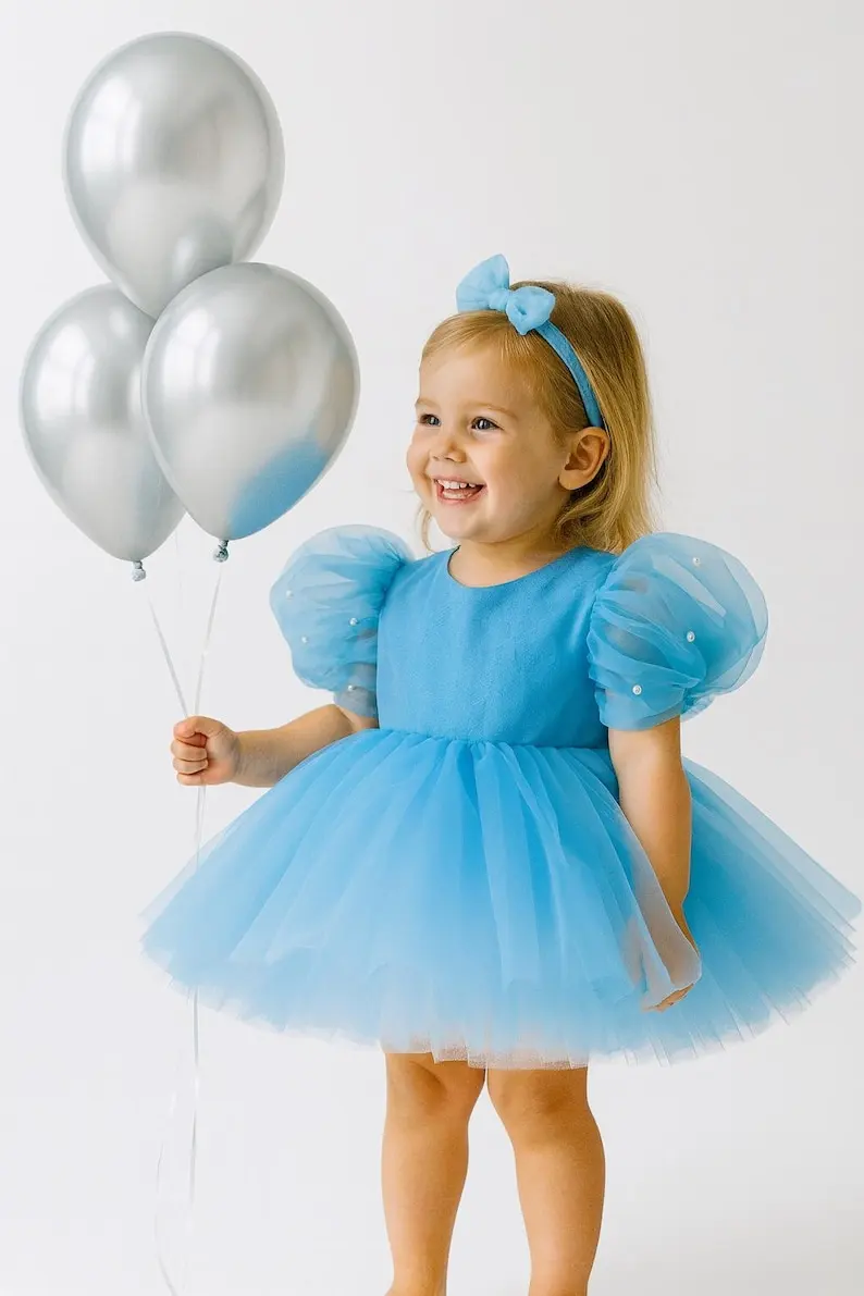 

Blue Baby Girl Dress | Puffy Birthday Outfit | Flower Girl Princess Gown Handmade for Wedding Party Photo Shoot Clothes
