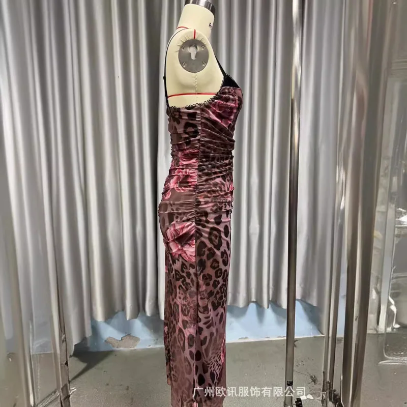 2025年欧米女性ファッション メッシュプリント スプリットロングドレス 半袖 バックレス ノースリーブ 花柄ストラップD