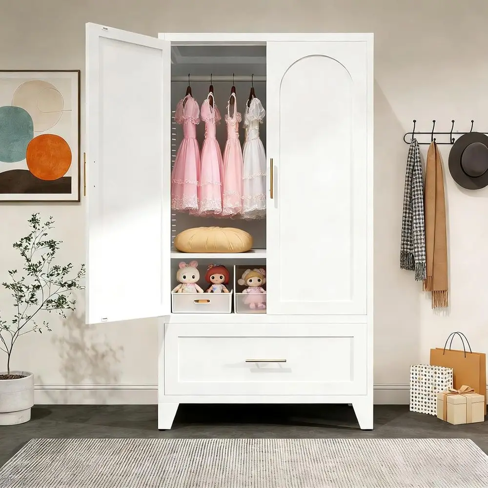 

60 Arched Design Metal Wardrobe Closet with Drawer, Hanging Rod & Adjustable Shelf - Heavy-Duty Storage for Bedrooms, Nurseries