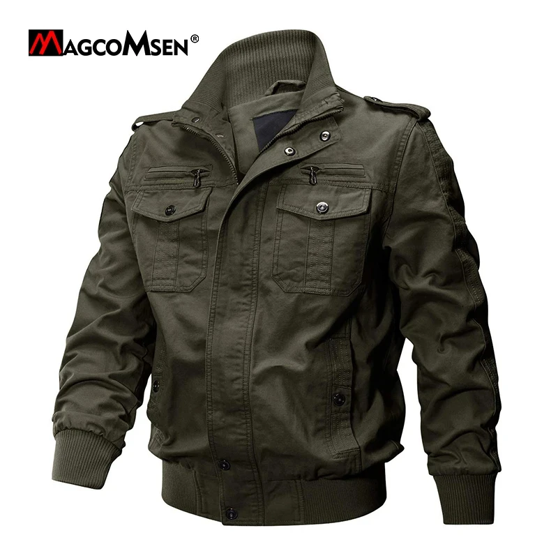 MAGCOMSEN Men's Bomber Pilot Jacket Autumn Standing Collar Windproof Jacket with Multiple Pockets