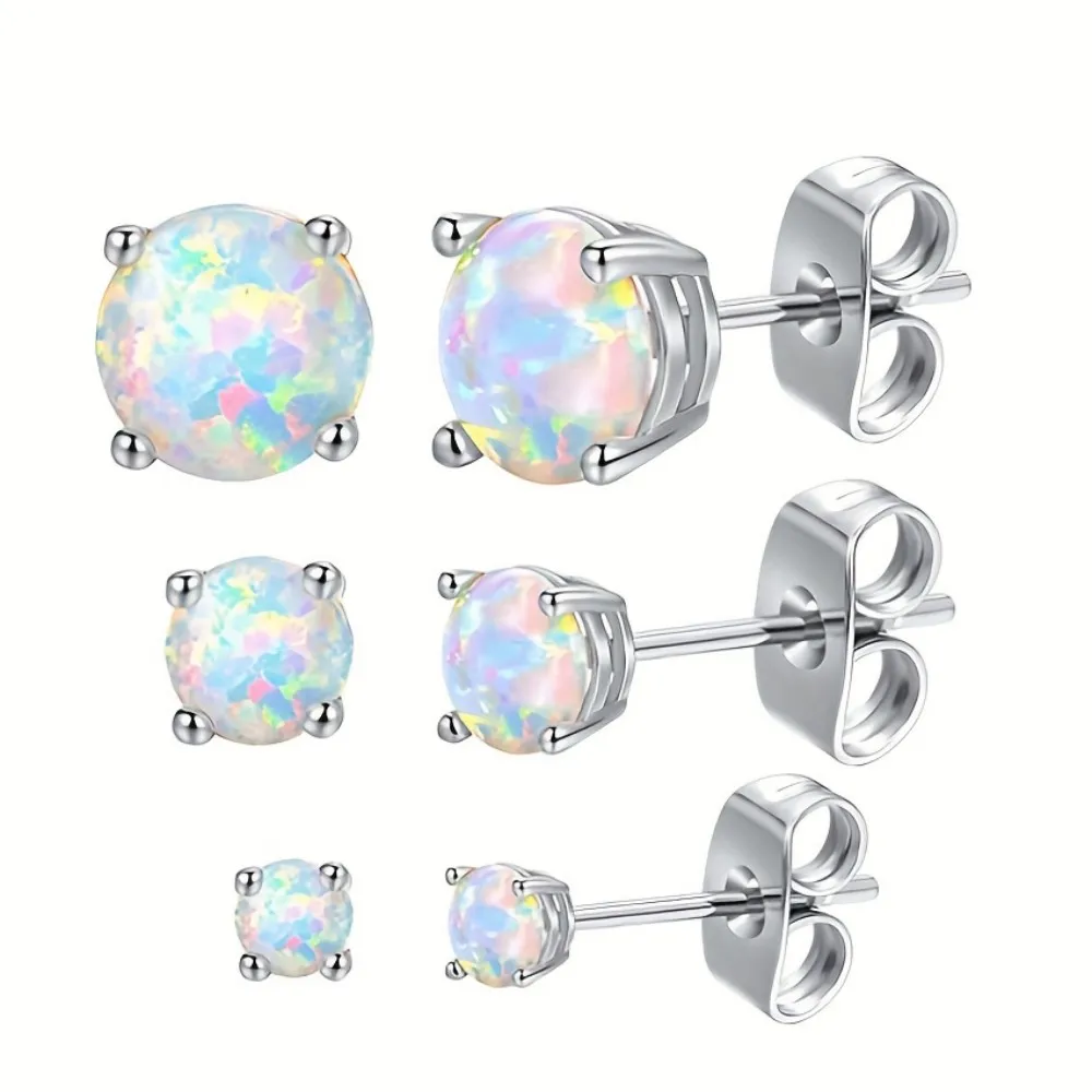2pcs Stainless Steel Synthetic Opal-like Opalite Sphere Earrings Rainbow Color Gemstone Studs Unisex for Everyday & Party