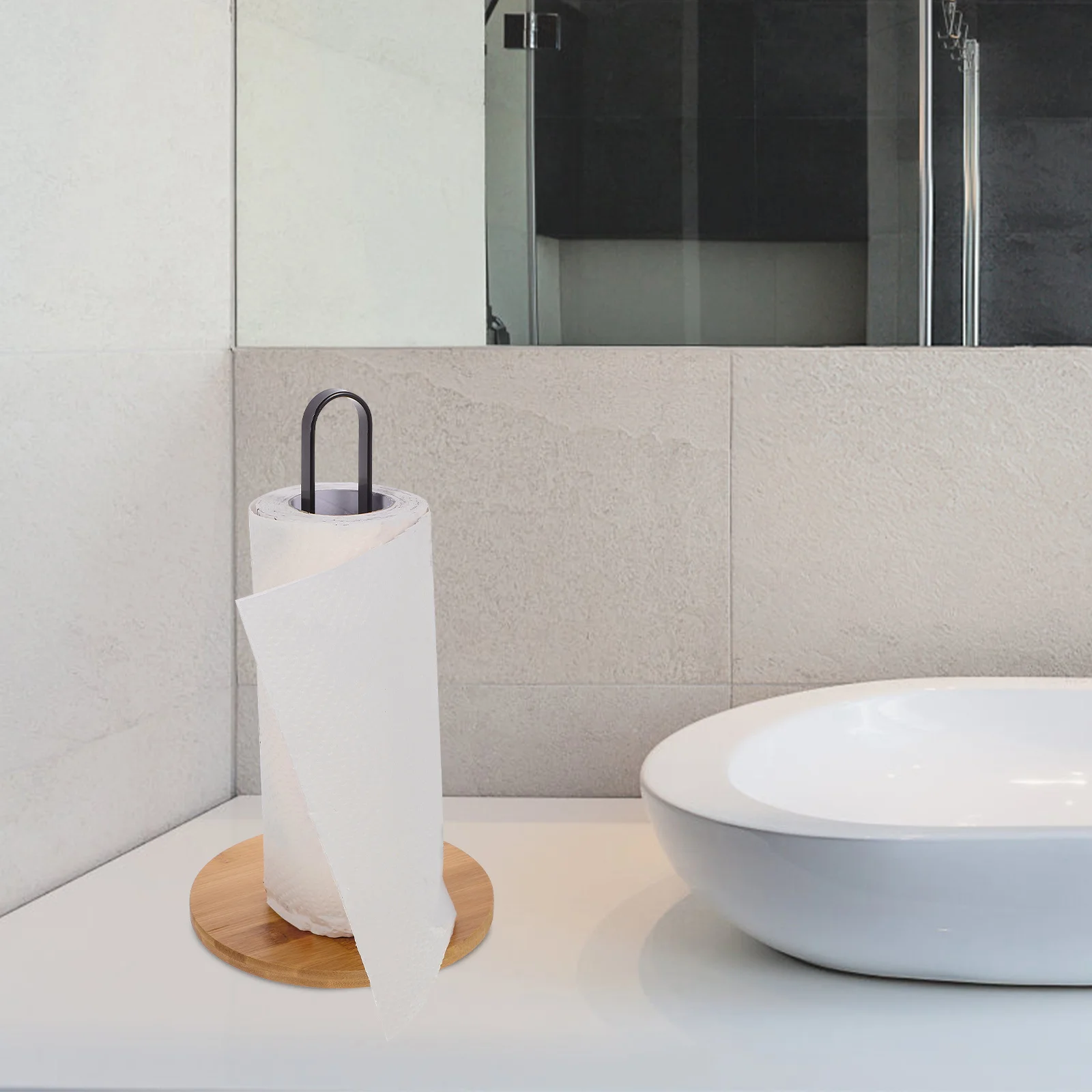 حامل لفائف الورق المعدنية الخشبية تصميم عمودي غير قابل للانزلاق أسفل المطبخ الحمام منشفة حامل كونترتوب حامل المناشف الورقية