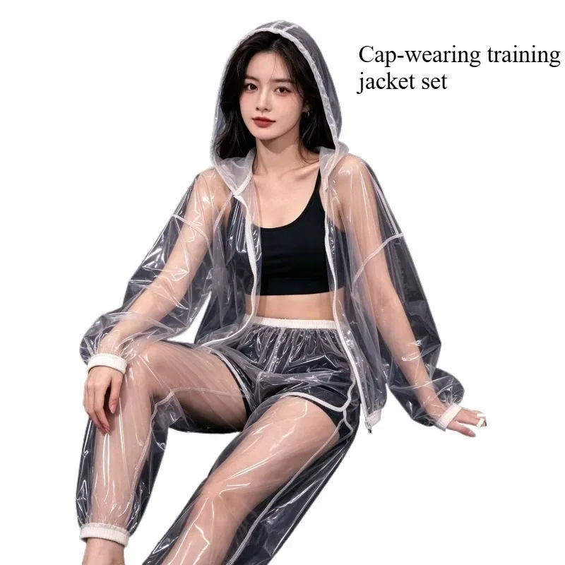 Conjunto Transparente de TPU para Mujer, Chaqueta con Capucha Impermeable y Cortavientos con Cremallera, Conjunto de Dos Piezas de Impermeable Transparente Estilo Spice Girl
