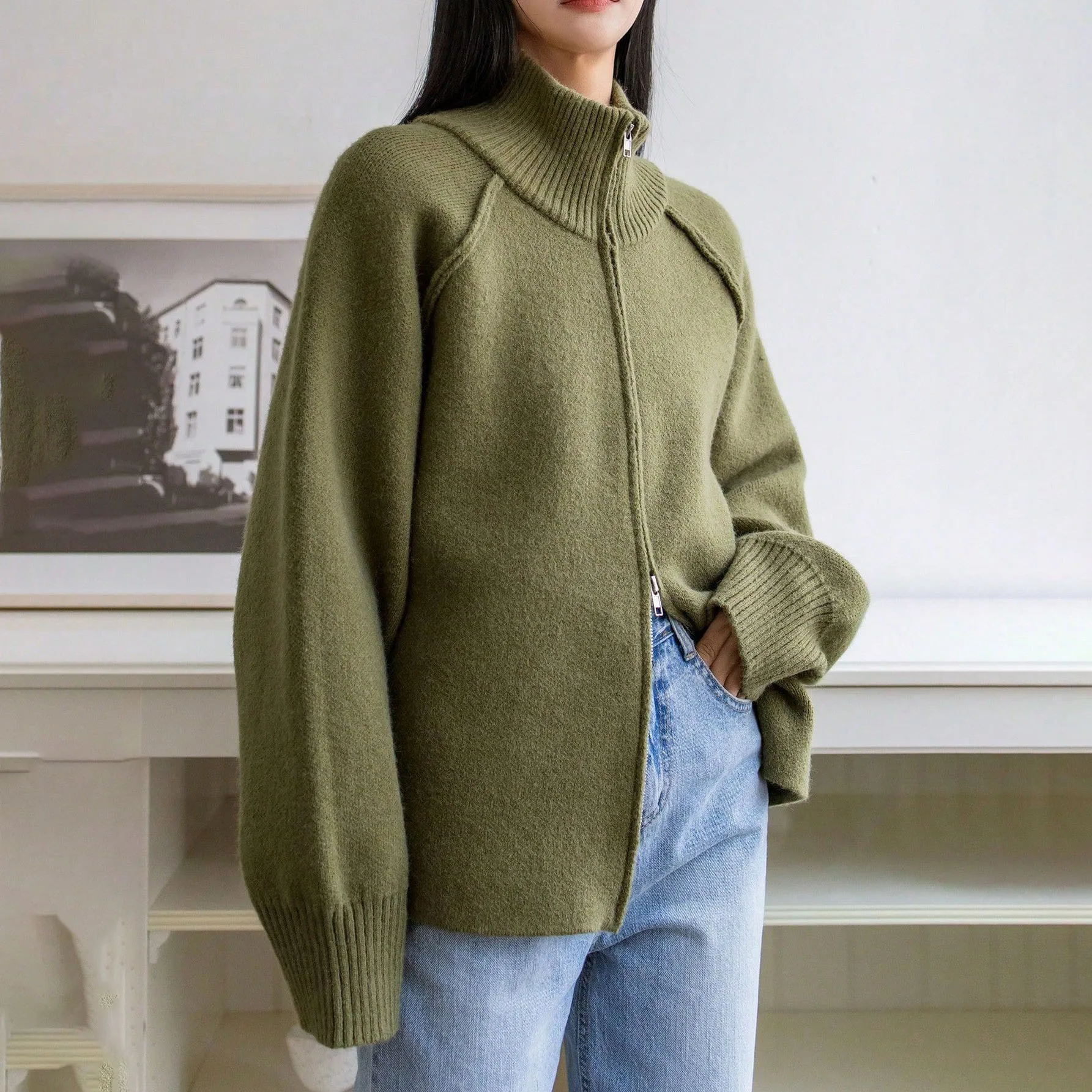

Autumn Lady's Zip-Up Knit Sweater Solid Color Stand Collar Flutter Sleeve Loose Fit Women's Cardigan One Size Coat For Female
