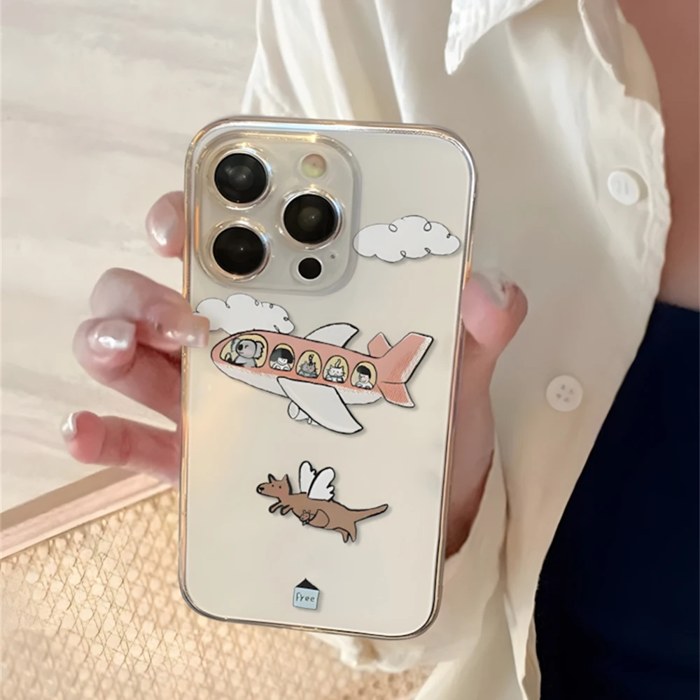 Cute Animal Plane and Flying Kangaroo Clear Case for iPhone 16 14 15 Plus 12 13 mini 11 Pro Max XR Anti-Scratch Silicone Cover