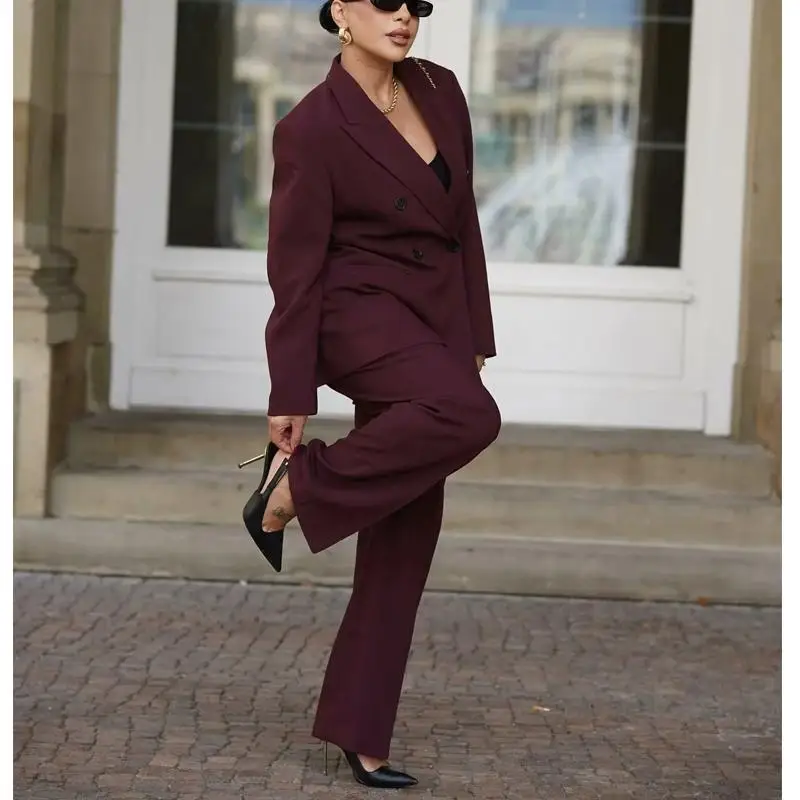 Autumn Winter New Arrival Women's Double Breasted Red Suit Jaet High Waist Wide Leg Casual Pants Career Women's Outfit