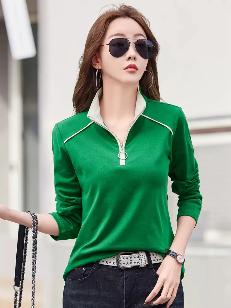 New Women Spring Autumn Cotton T-shirt Fashion Zipper Stand Collar Long Sleeve Loose Tees Tops Casual Basic Pullover T-shirt