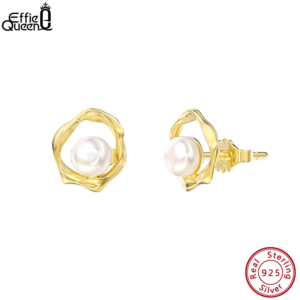 

Effie Queen 925 Sterling Silver Geometric Design Pearl Earrings for Women Simple Baroque Pearl Stud Earrings Party Jewelry GPE74