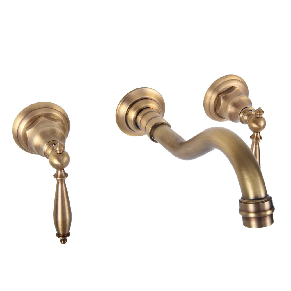 Retro Vintage Antique Brass Two Handle Wall Mount 3 Hole Widespread Bathroom Lavatory Vessel Basin Faucet Sink Mixer Tap dsf511