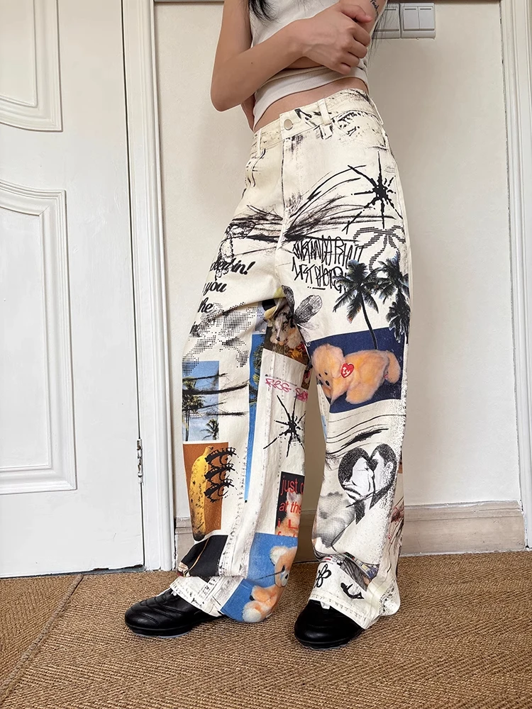 

Women's Y2k Baggy Graffiti Print Jeans Harajuku Vintage Denim Trousers Japanese 2000s Style Oversize Hip Hop Jeans Pants Clothes