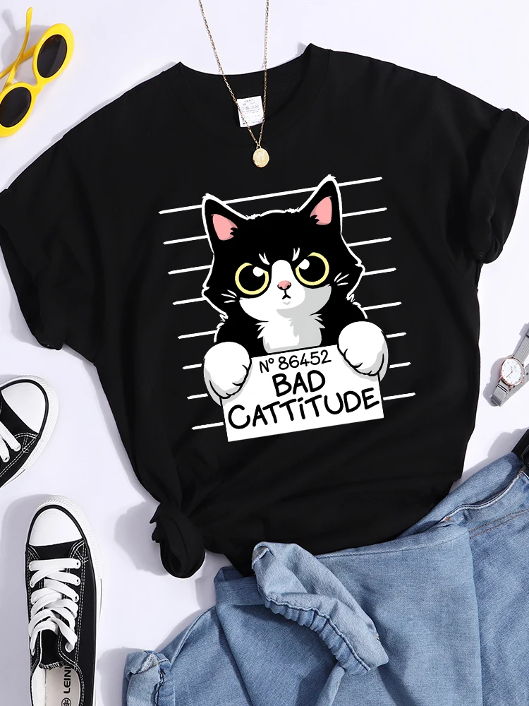 No86452 Bad Cattitude Funny Cat Womens T-Shirt Casual Sport T Shirts Breathable Summer Tee Shirt Street Creativity T Shirt Women