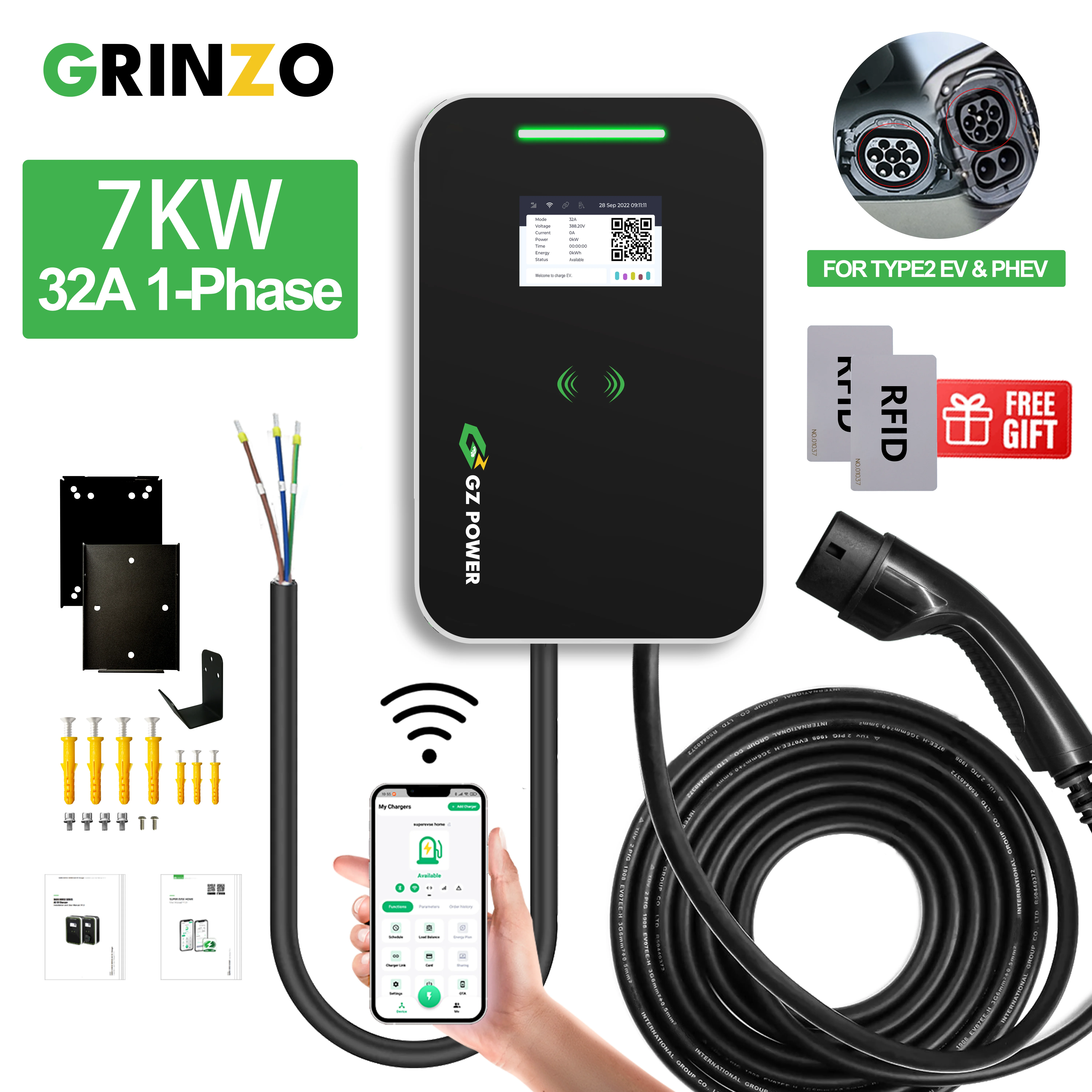 

7KW 32A Electric Car Charging Station with RFID Cards EV Chargers Type1/Type2/GBT 20234 EV Wallbox Charger IEC62196-2 SAE J1772