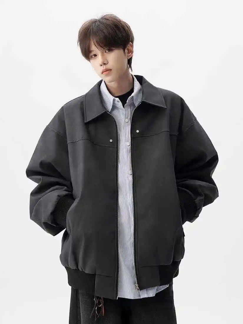 

Мужская куртка-бомбер из искусственной кожи в американском стиле, свободного кроя, весенняя новинка, винтажный дизайн, с эффектным воротником, в стиле байкерской куртки