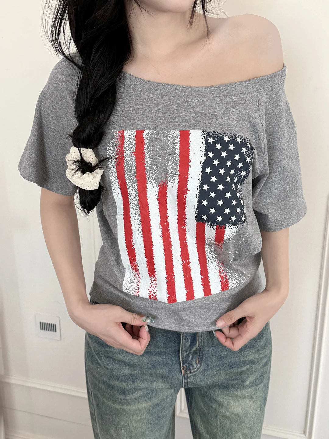 

Retro American Sle ort Sve T-irt Women's Street Sle oulder Bared Loose Fit Casual Top Crossbody Polyester Spandex