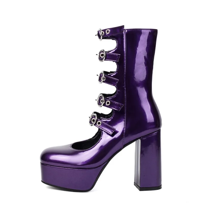 

Новые туфли на высоком каблуке с заклепками и пряжкой на ремне 10,5 см, европейско-американские банкетные свадебные элегантные красные, фиолетовые женские туфли с пряжкой 35-43