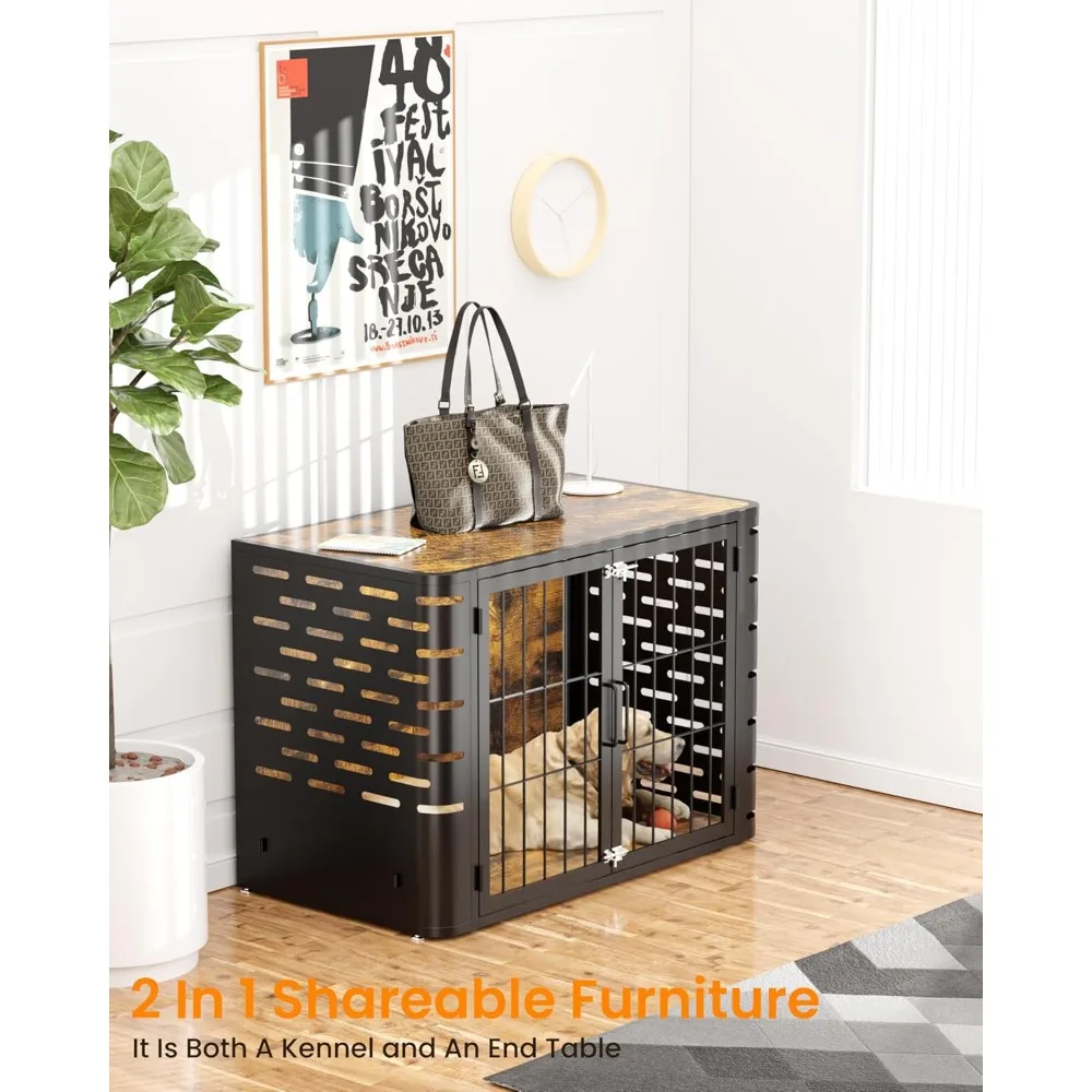 Rustic Heavy Duty Dog Crate Furniture for Large and Medium Dogs, Decorative Pet House End Table, Rounded-Corner Wooden Cage