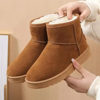 2025 nuevas Botas de nieve tobilleras cálidas de piel de invierno para Mujer, zapatos informales de diseñador Real, zapatos de gamuza de lana de felpa corta Natural para Mujer, Botas para Mujer