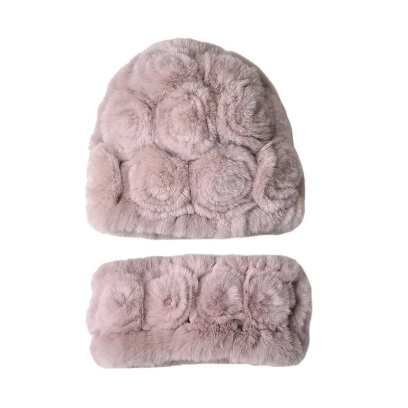 

Women Winter Real Rex Rabbit Fur Cap with Head Warmer Hand Knitted Headband Scarf Cap with Neck Warmer Set