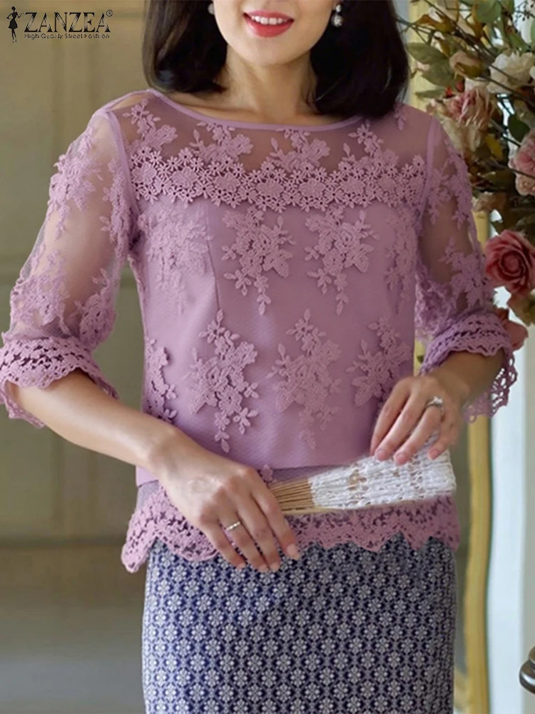 ZANZEA Autunno Elegante Camicetta da donna Maglia Patchwork Camicie See-through Casual Top 2025 Manica a lanterna Pizzo Office Lady OL Blusas