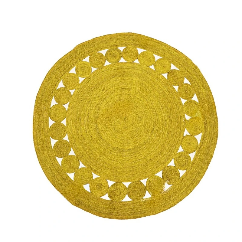 Yellow Color Vintage Rug for Décor Room Hand Braided Scalloped Round Jute Rug