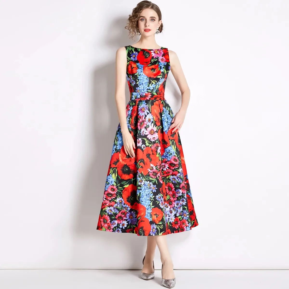 2023 neue Modedesigner Blume Sommer druck Vintage elegant eine Linie Party Kleider Frauen Geburtstag Abendessen Kleid Goblincore Landebahn