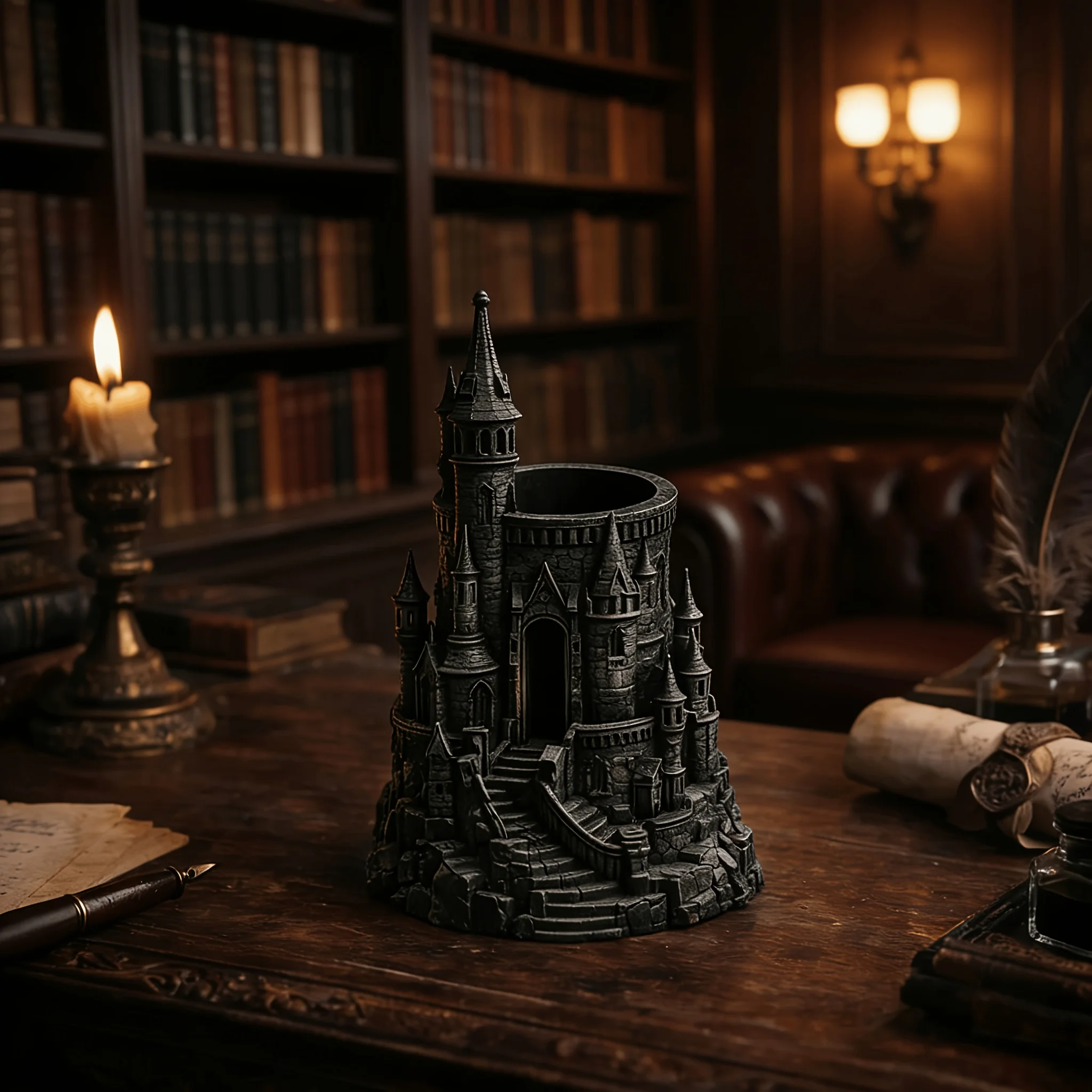 1-teiliger, dunkel schlossförmiger Stifthalter, 3D-gedruckter, vintage-inspirierter Stiftbehälter im Architekturstil, Schreibtisch-Organizer, Dekoration, Geschenk für Studenten und Designer, Stifthalter im Stil der Magischen Akademie, schwarzer, vintage Stiftbehälter, besonderes Geschenk – Detail 3