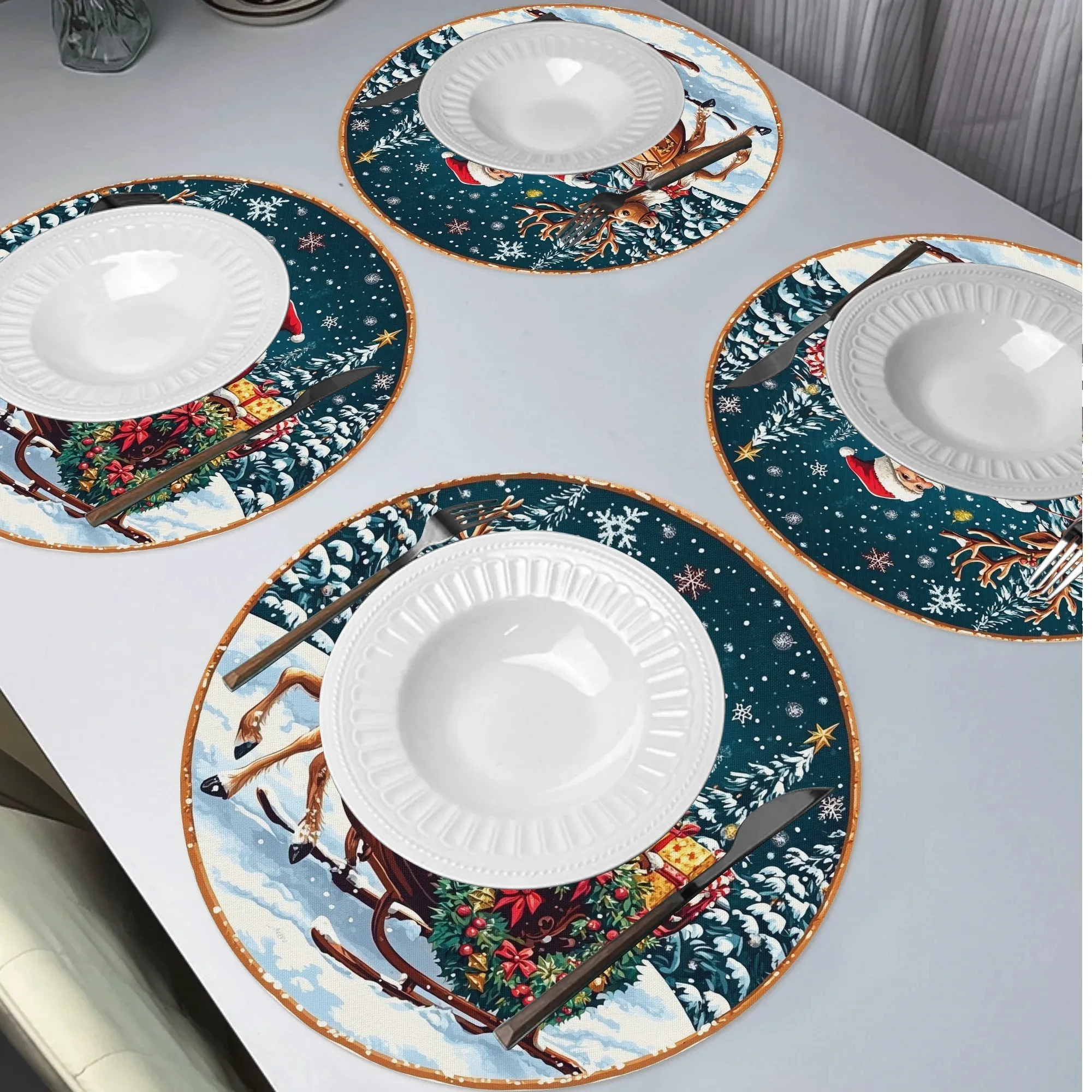 2/4/6/8Pcs Santa Claus and Horse Pattern Round Placemats Christmas Gift Winter Non-Slip Washable Heat-Resistant Table Mats Suitable for Party Kitchen Dining Decoration