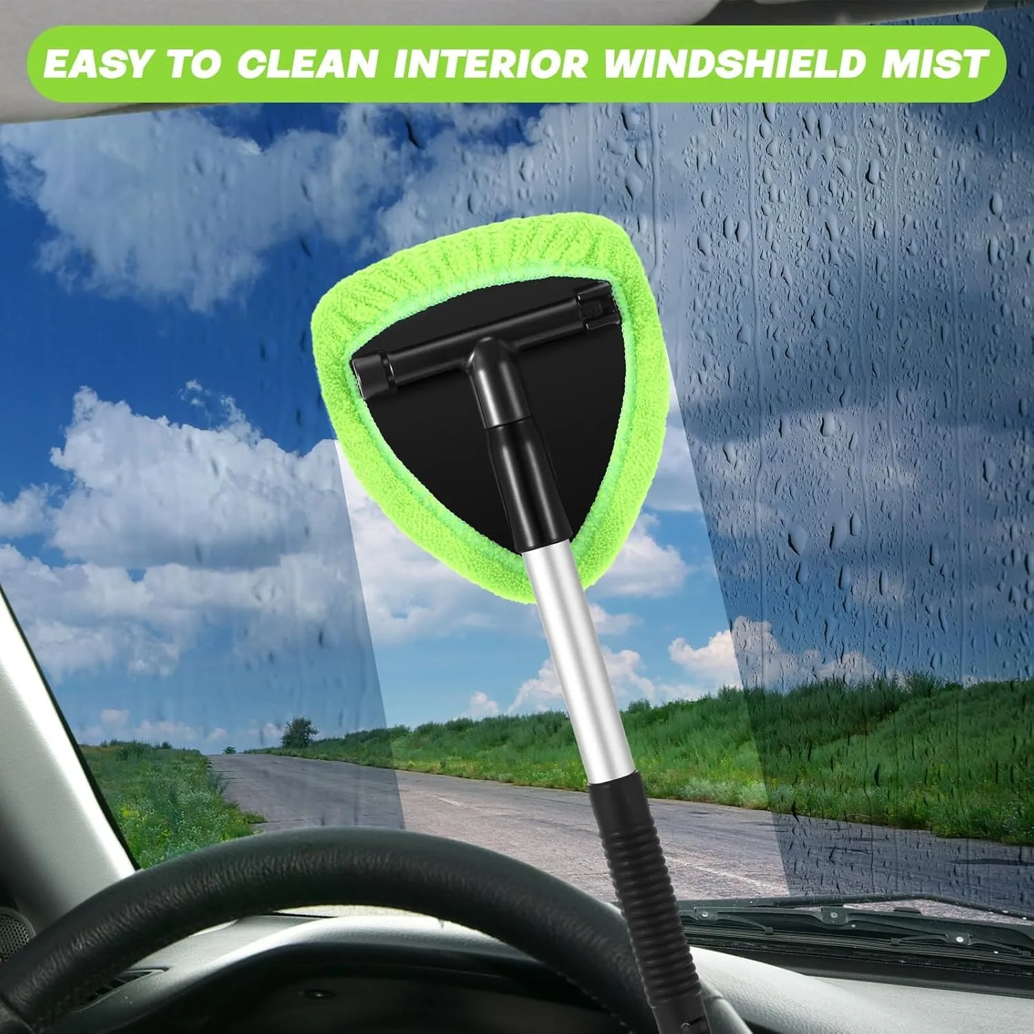 Windshield Cleaning Tool, Extendable Handle Car Window Cleaner with 5 Reusable and Washable Microfiber Pads, 1 Empty Spray Bottle for Auto Glass Wiper Suvs Rvs,Auto Glass Wiper Kit for Interior & Exterior, Ideal for Dirty Car Windows (Green)