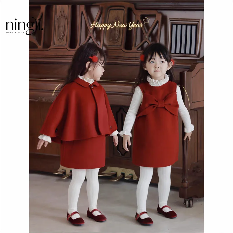 Girl Two Piece Set Autumn Winter 2024 New Year Christmas Cloak Red Bow Vest Skirt Princess Casual Simple Fashion Sweet Korean