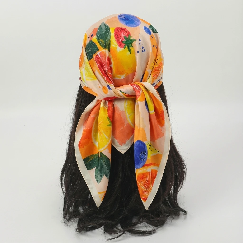 

Шелковый платок в богемном стиле, весенний, женский, брендовый, квадратный, атласный, шаль, накидка, мягкая бандана, хиджаб, с принтом лимона, повязка на голову, 2026