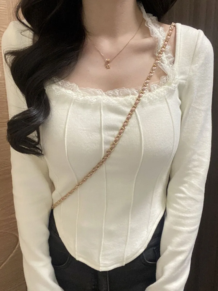 Camiseta larga de encaje irregular Ne colgante Sve para mujer primavera otoño Thiened Base irt ropa interior de gama alta dulce picante Gi...